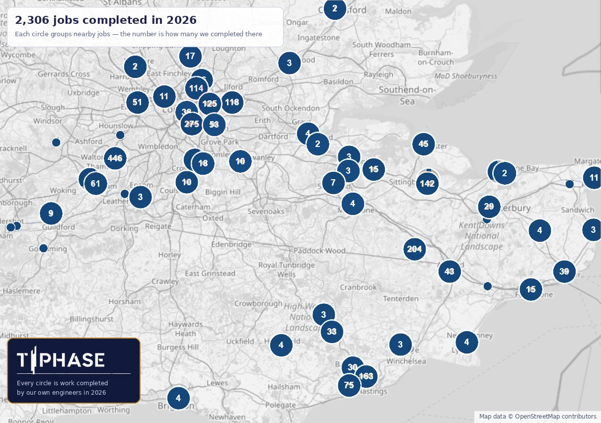 Map of 2,306 electrical jobs completed by T Phase Ltd across London, Kent and Sussex in 2026, clustered by area